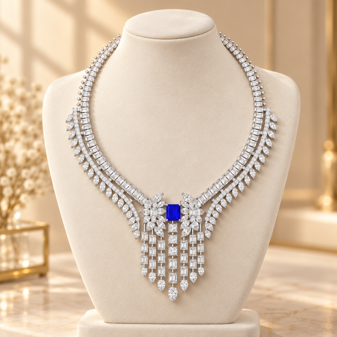 74.03 CTW Diamond & Blue Radiant Statement Necklace in 14K & 18K Gold