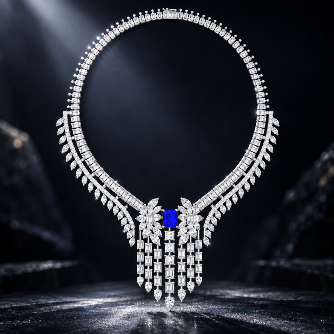74.03 CTW Diamond & Blue Radiant Statement Necklace in 14K & 18K Gold