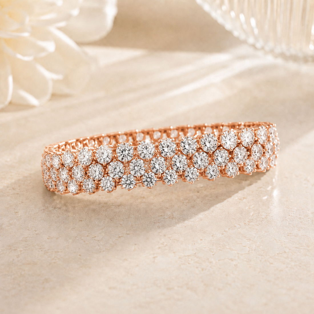 A rose gold double-row diamond tennis bracelet with floral diamond settings, displayed on a light beige stone surface with soft-focus decorative flowers in the background.