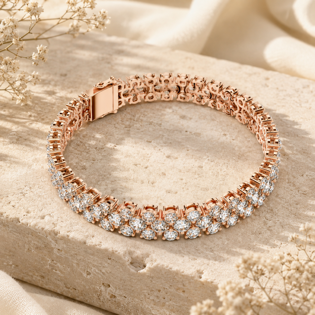 A rose gold tennis bracelet with clear gemstones, displayed on a textured beige stone slab with soft cream fabric and dried baby's breath flowers.