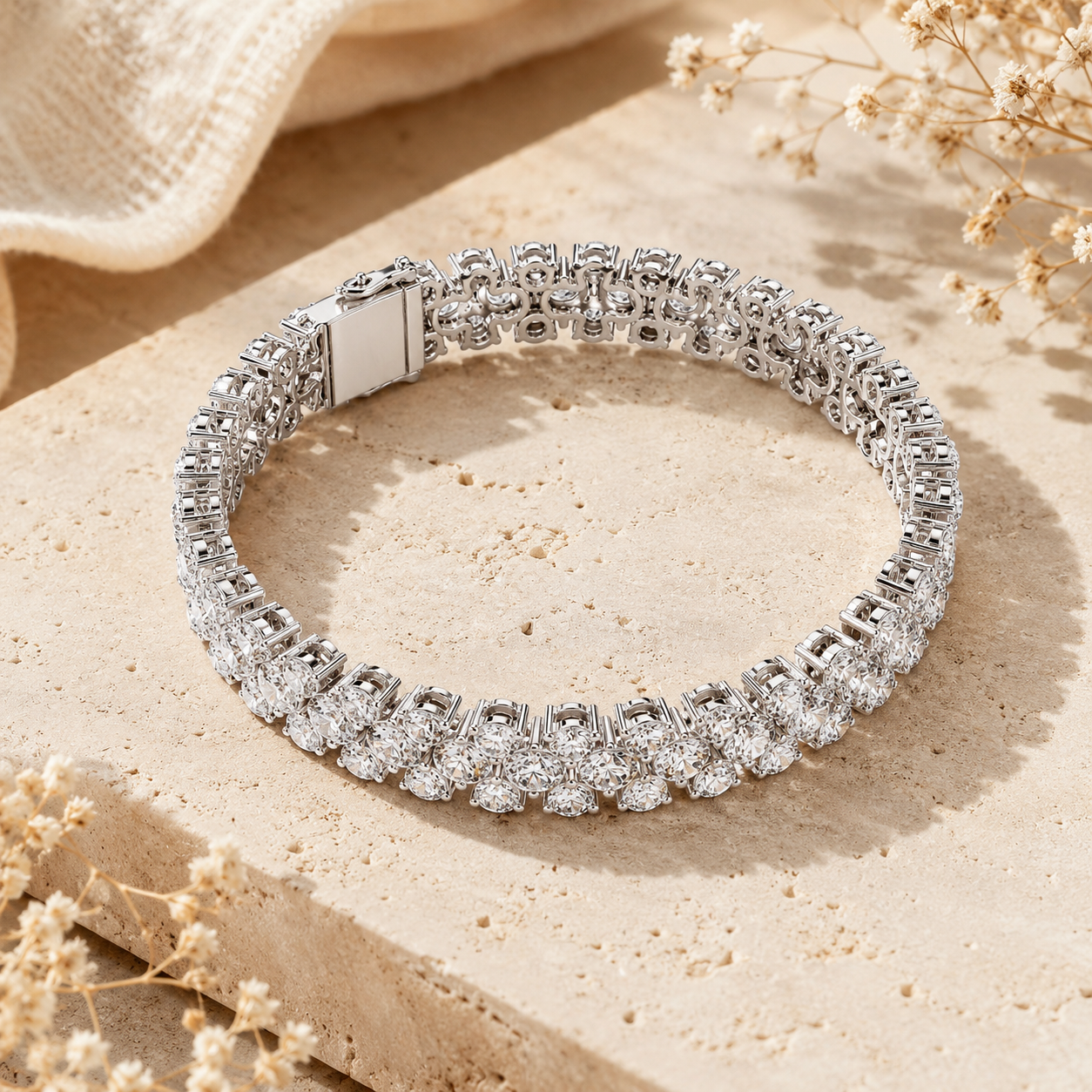 A silver tennis bracelet with clear gemstones arranged in a circular pattern, resting on a textured beige stone slab with dried flowers and a linen cloth in the background.