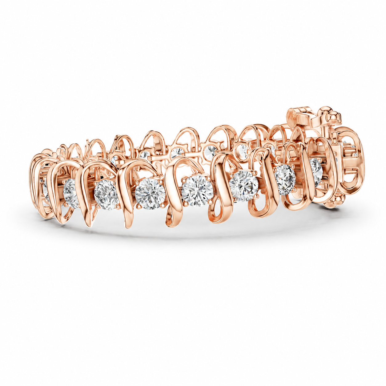 A rose gold eternity band featuring a continuous line of round-cut diamonds set in an open, wavy design, shown on a clean white background.