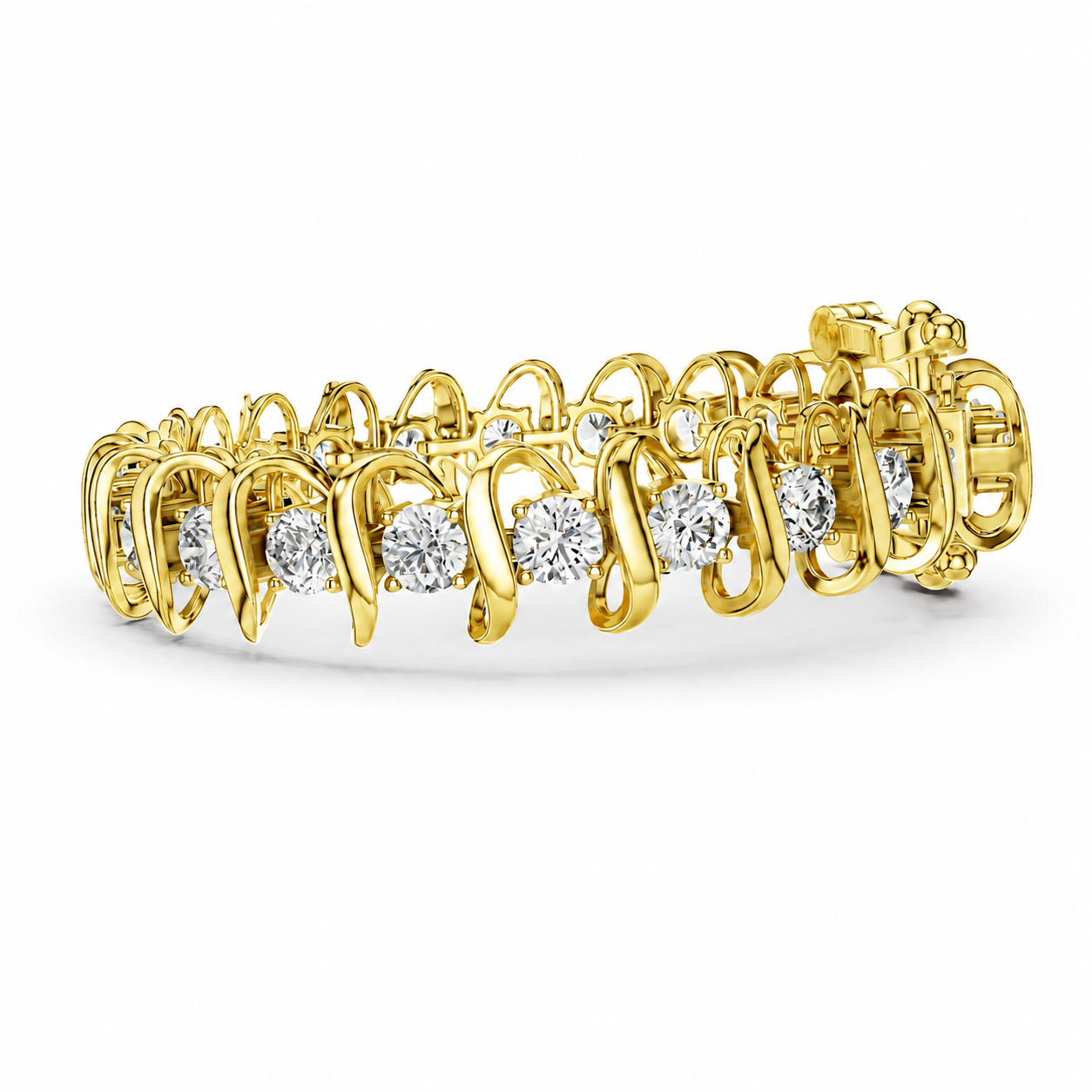 A yellow gold tennis bracelet featuring a series of round-cut clear gemstones set in an openwork, interlocking design, shown on a clean white background.