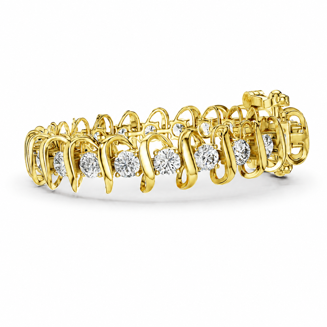 A yellow gold tennis bracelet featuring a series of round-cut clear gemstones set in an openwork, interlocking design, shown on a clean white background.