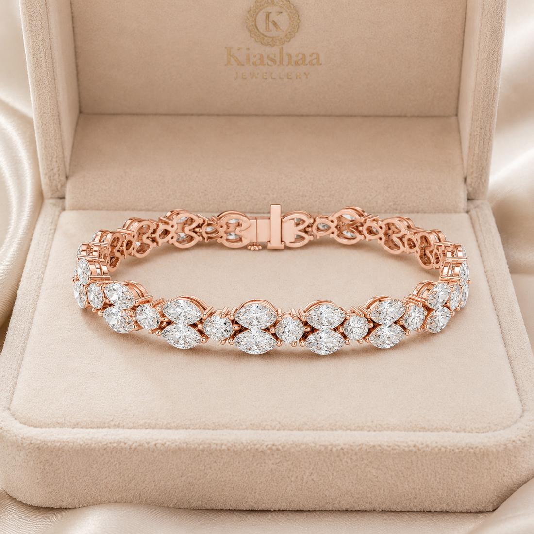 Rose gold pear and marquise diamond bracelet with flowing fancy-shape clusters by Kiashaa Jewellery