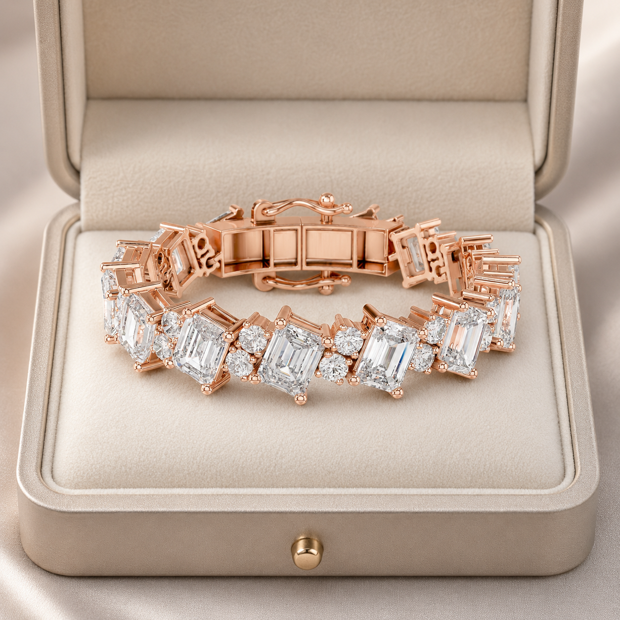 A rose gold tennis bracelet with emerald-cut and round clear stones, displayed inside an open beige jewelry box.