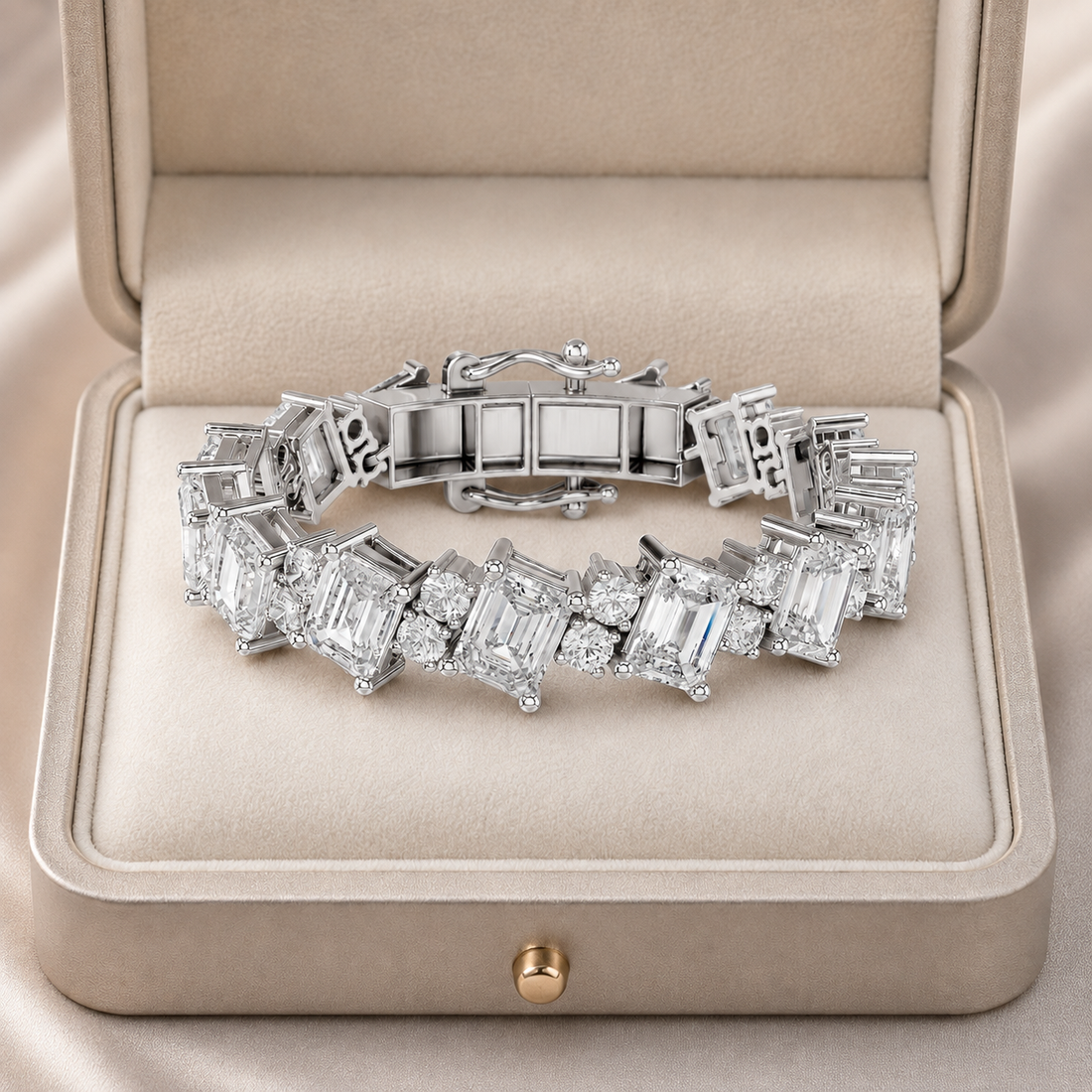 A silver-toned tennis bracelet with emerald-cut and round diamonds, displayed inside an open beige jewelry box.
