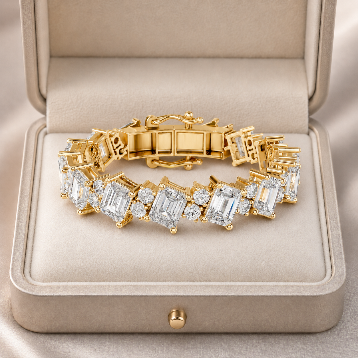 A gold tennis bracelet with emerald-cut clear stones, displayed inside an open beige jewelry box.