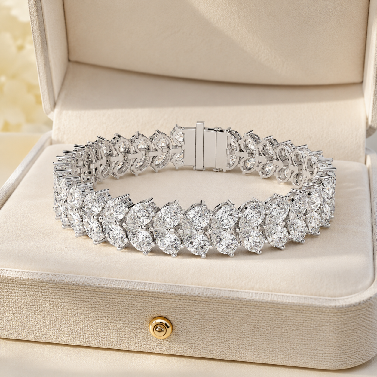 A silver tennis bracelet with marquise and round-cut clear stones, displayed on a cream-colored jewelry box.