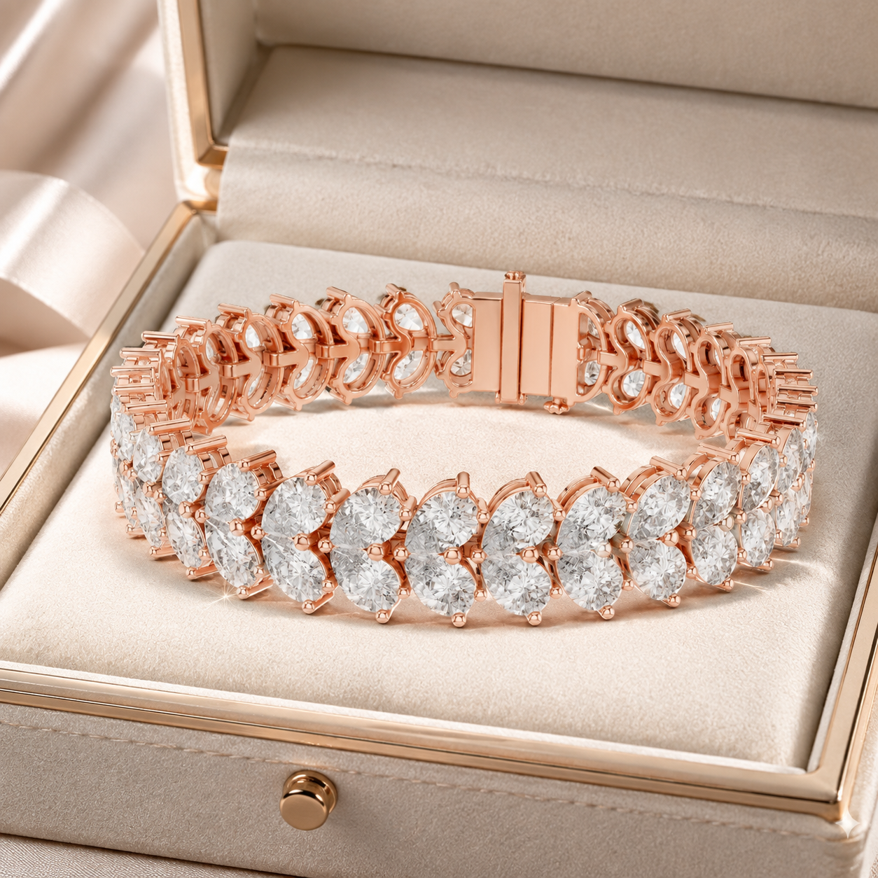 A rose gold tennis bracelet with marquise-cut clear gemstones, presented inside an open beige jewelry box.