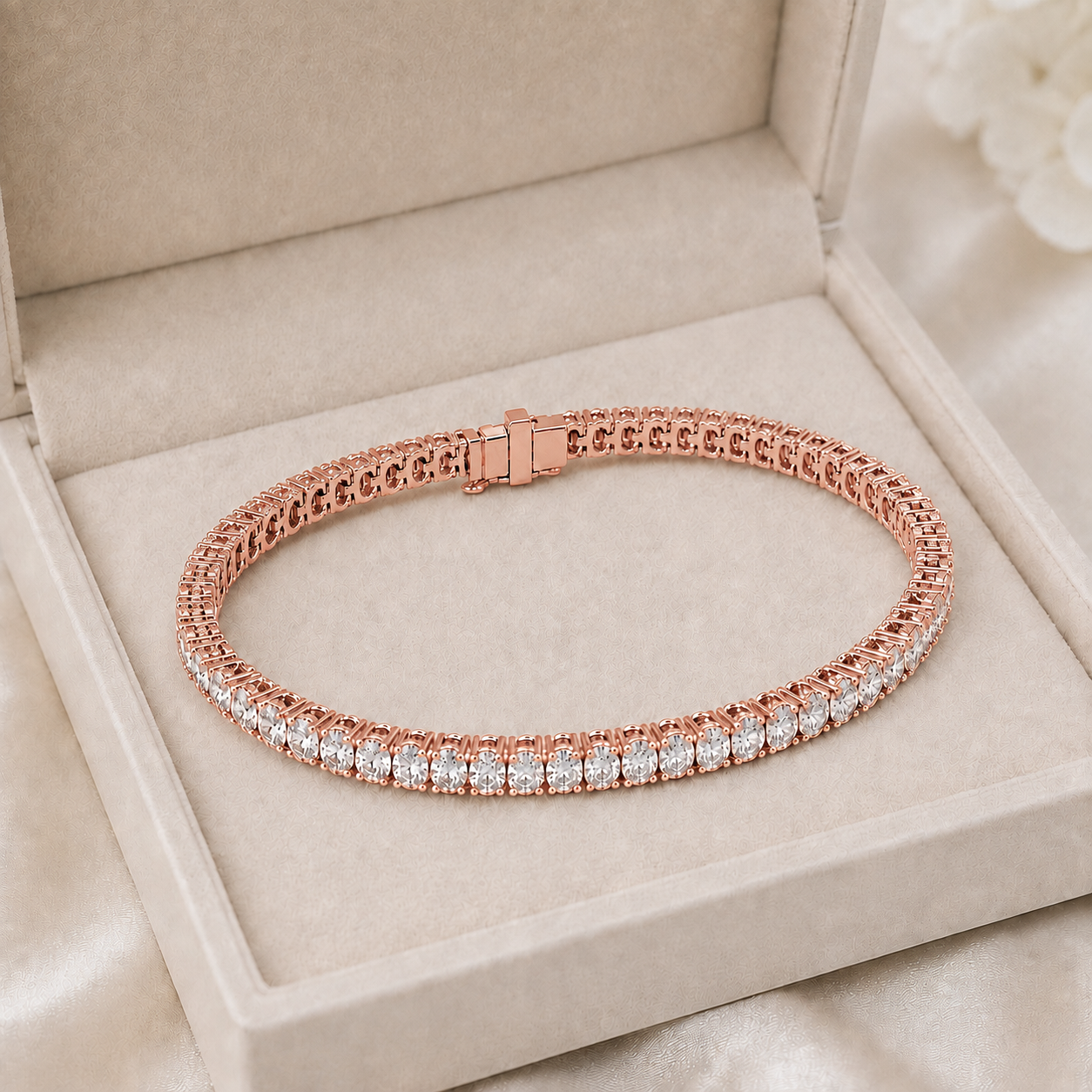 A rose gold tennis bracelet with a row of clear stones on the front, displayed inside a beige jewelry box.