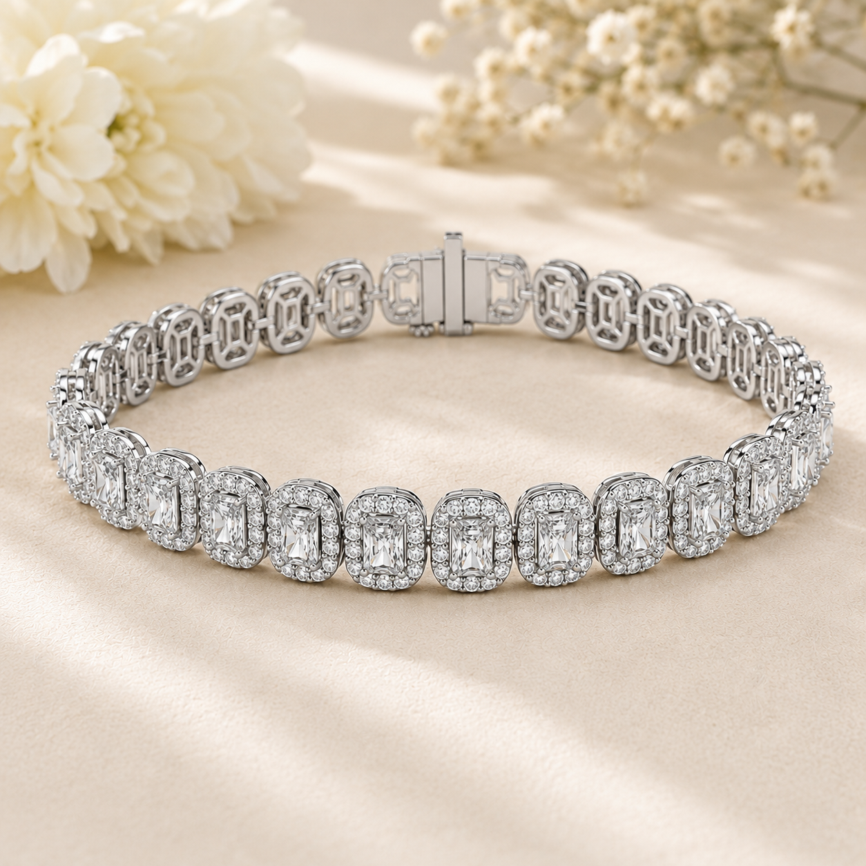 A silver-toned diamond tennis bracelet with rectangular emerald-cut diamonds and halo settings, displayed on a beige satin fabric with soft white flowers in the background.