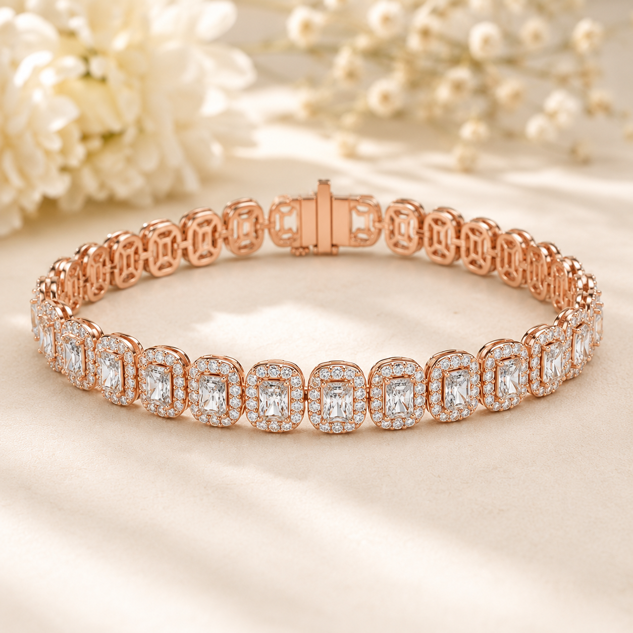 A rose gold tennis bracelet with baguette and round-cut clear stones, displayed on a soft beige fabric background with blurred white flowers.