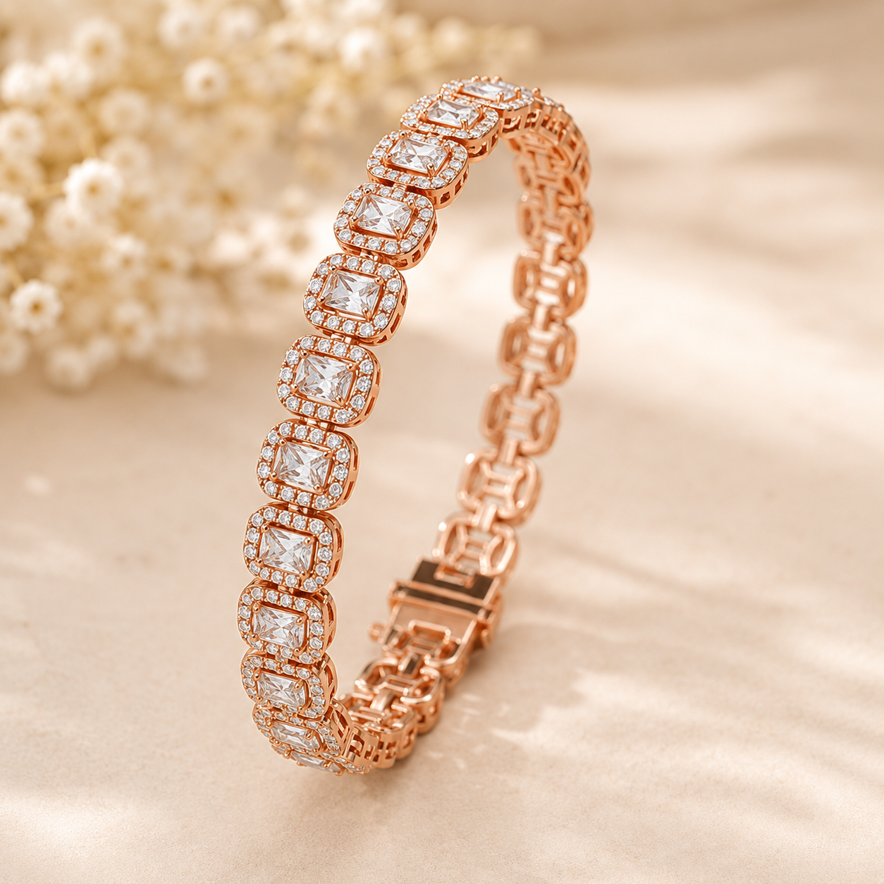 A rose gold tennis bracelet with square-cut clear stones, displayed on a soft beige satin fabric with small white flowers in the background.