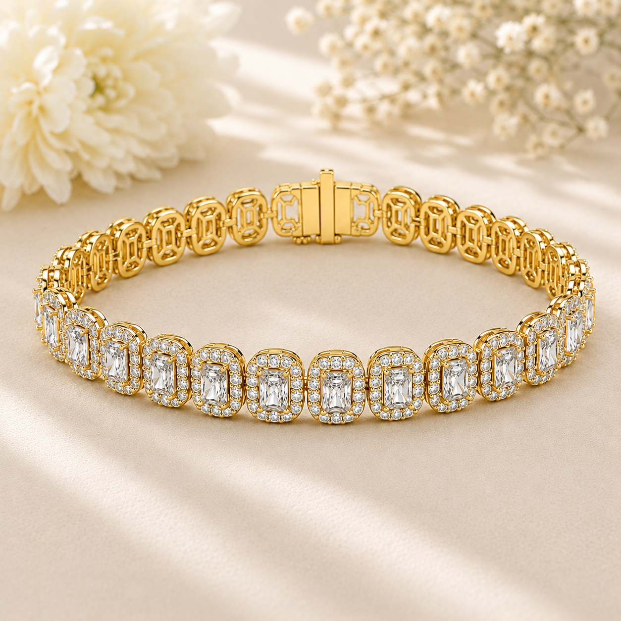 A gold tennis bracelet with rectangular clear gemstones, displayed on a beige satin surface with soft white flowers in the background.