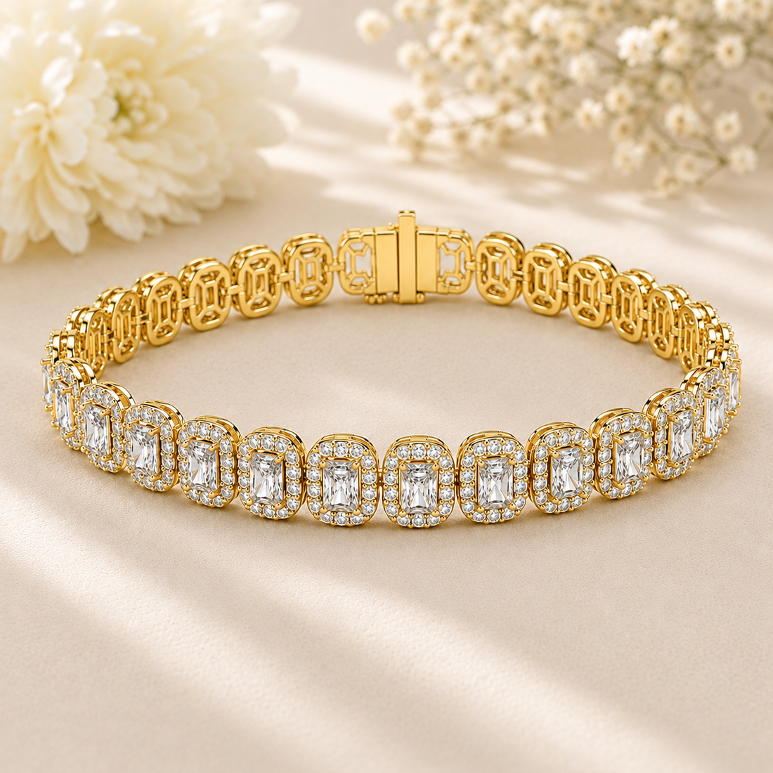 A gold tennis bracelet with rectangular clear gemstones, displayed on a beige satin surface with soft white flowers in the background.