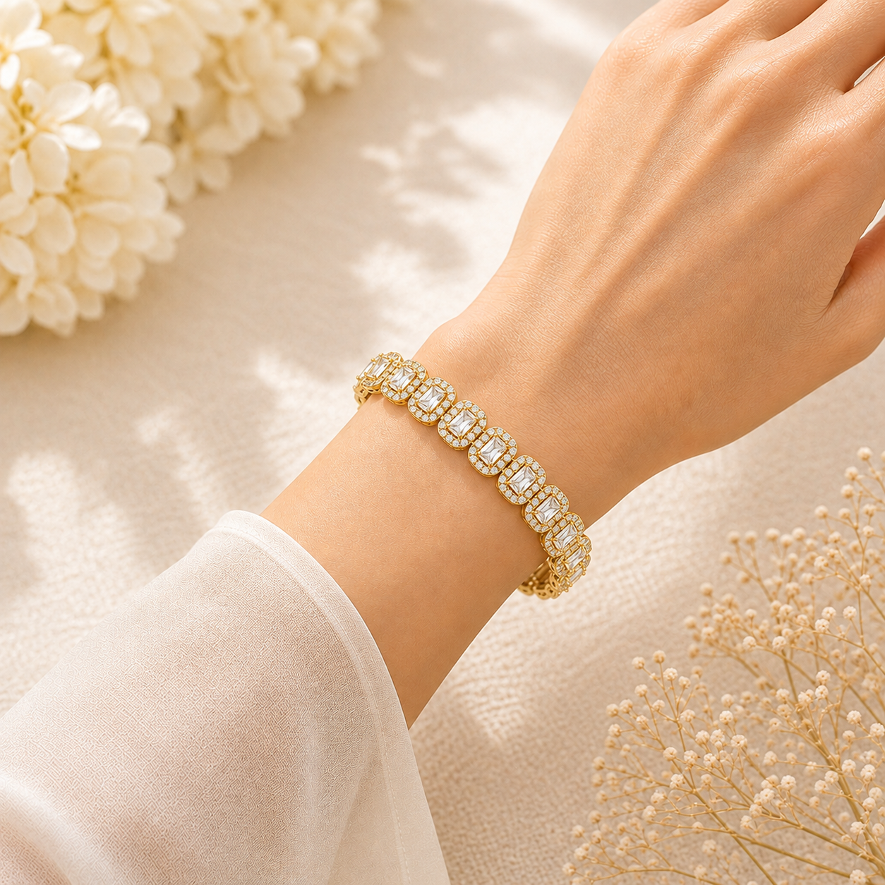 Radiant halo diamond bracelet in rose gold with 32 radiant diamonds and round halos by Kiashaa Jewellery