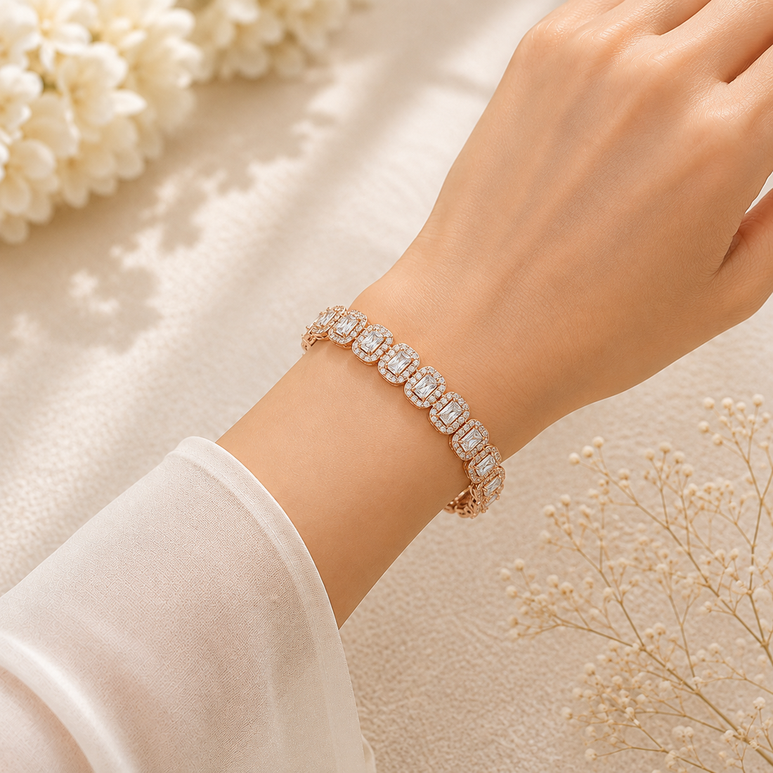 Luxury radiant-cut diamond bracelet with round halo diamonds in rose gold by Kiashaa Jewellery
