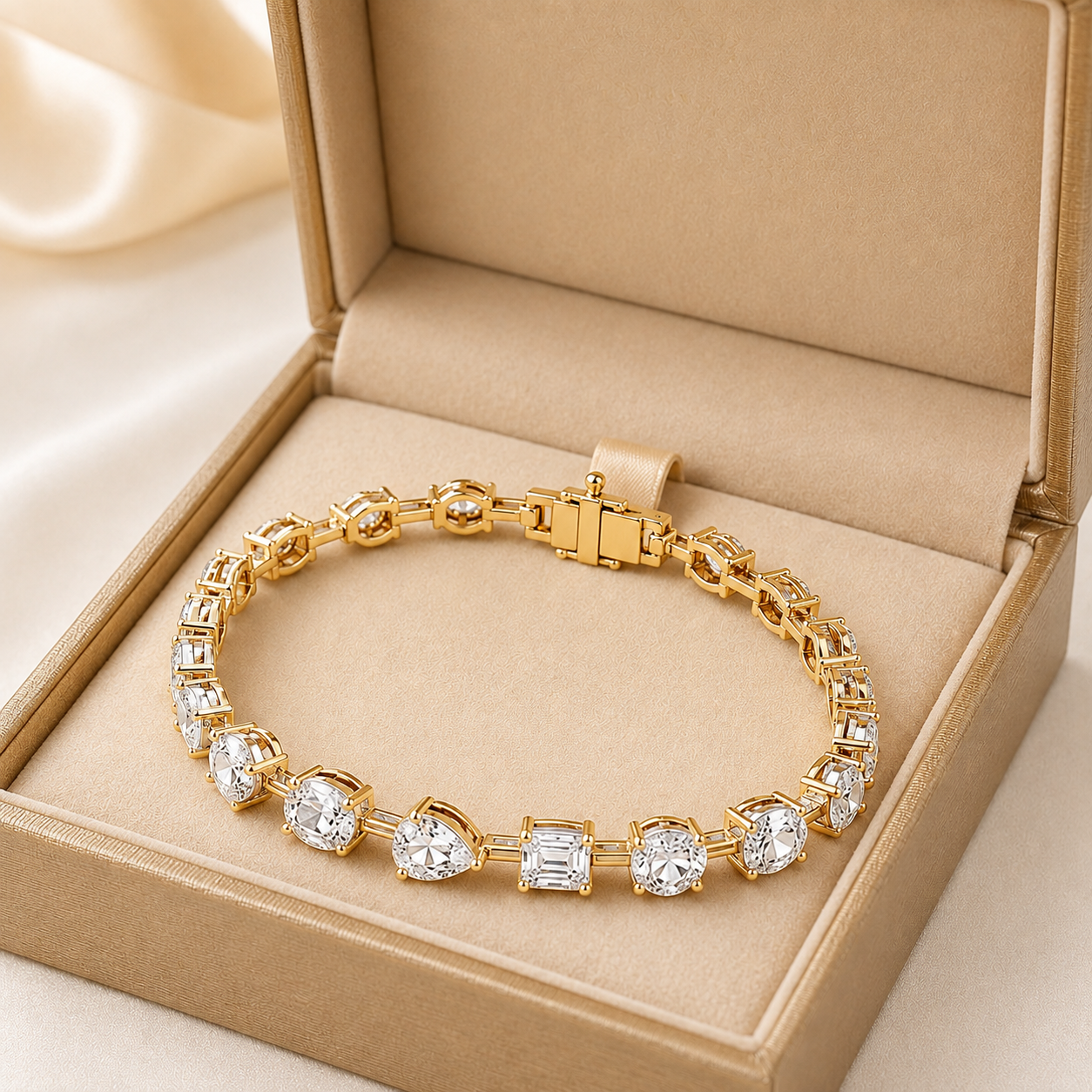 A gold tennis bracelet with clear baguette and round-cut stones, displayed inside an open beige jewelry box on a soft cream fabric background.