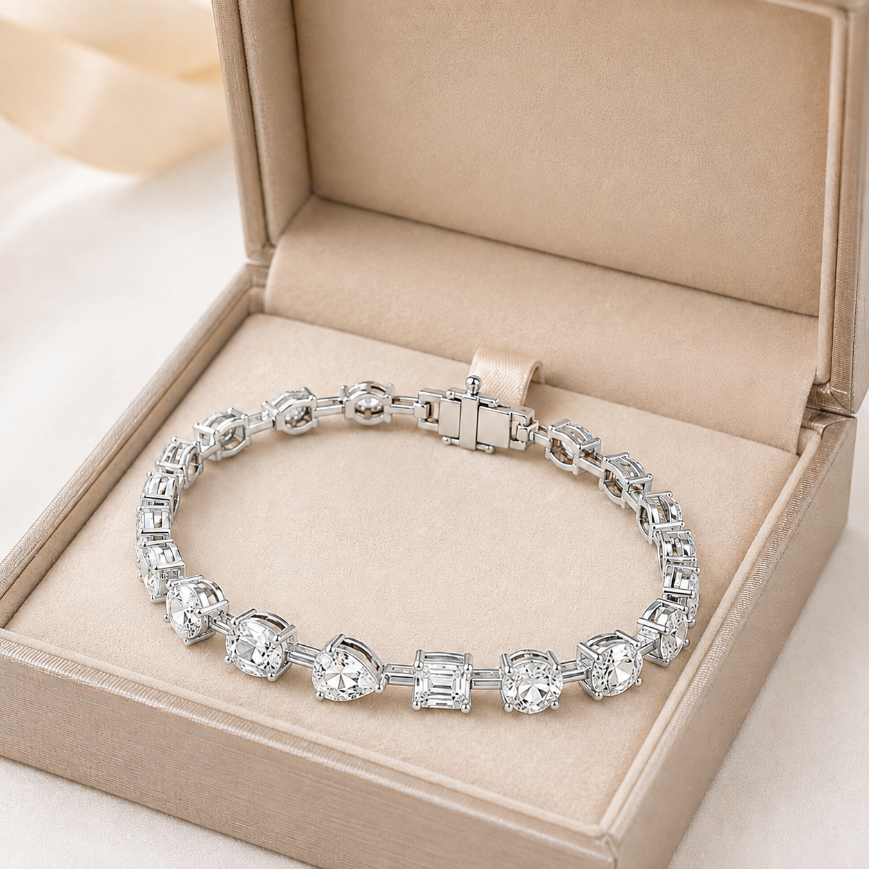 A silver tennis bracelet with clear baguette and round-cut stones, displayed inside an open beige jewelry box.
