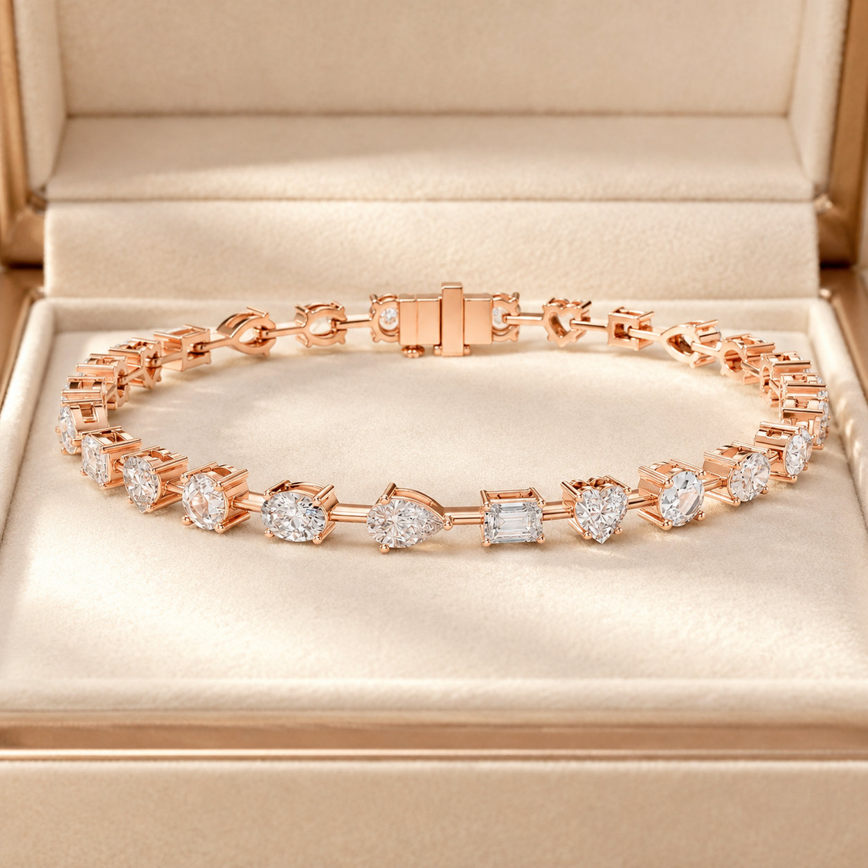 A rose gold tennis bracelet with round and baguette-cut clear gemstones, displayed inside an open beige jewelry box.