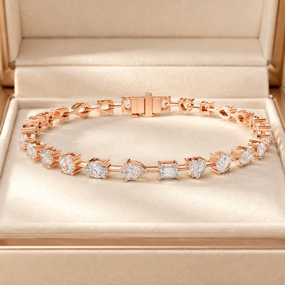 A rose gold tennis bracelet with round and baguette-cut clear gemstones, displayed inside an open beige jewelry box.