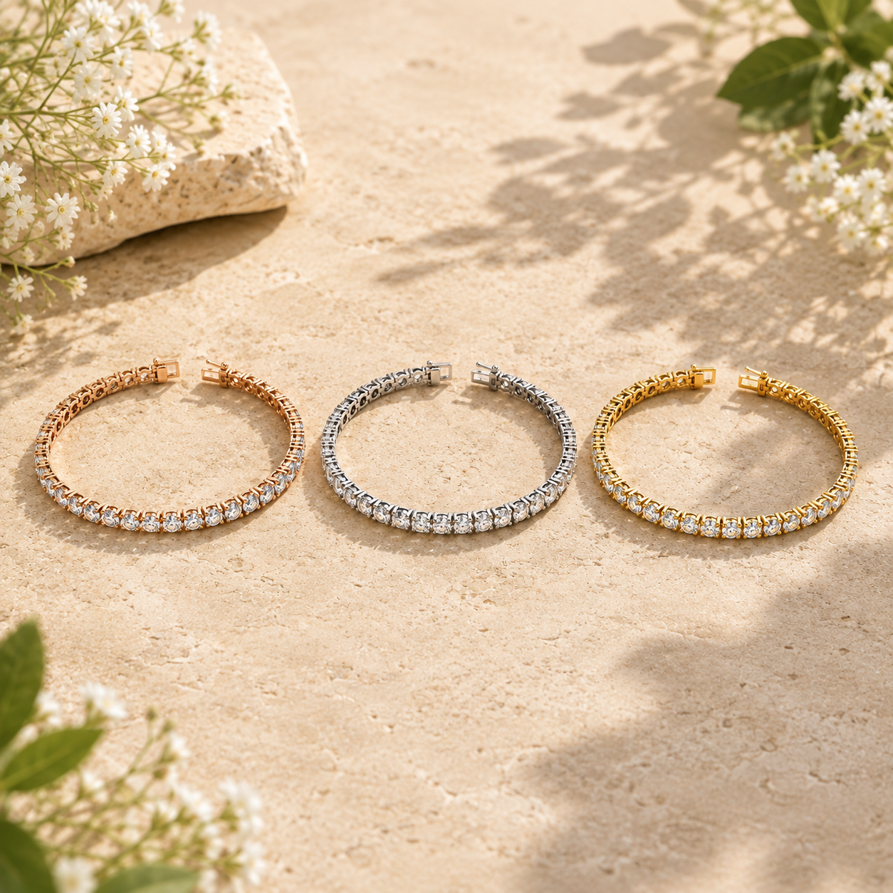 Three tennis-style cuff bracelets with pavé-set clear stones are arranged on a sandy surface outdoors. The bracelets are shown in rose gold, silver, and yellow gold tones.
