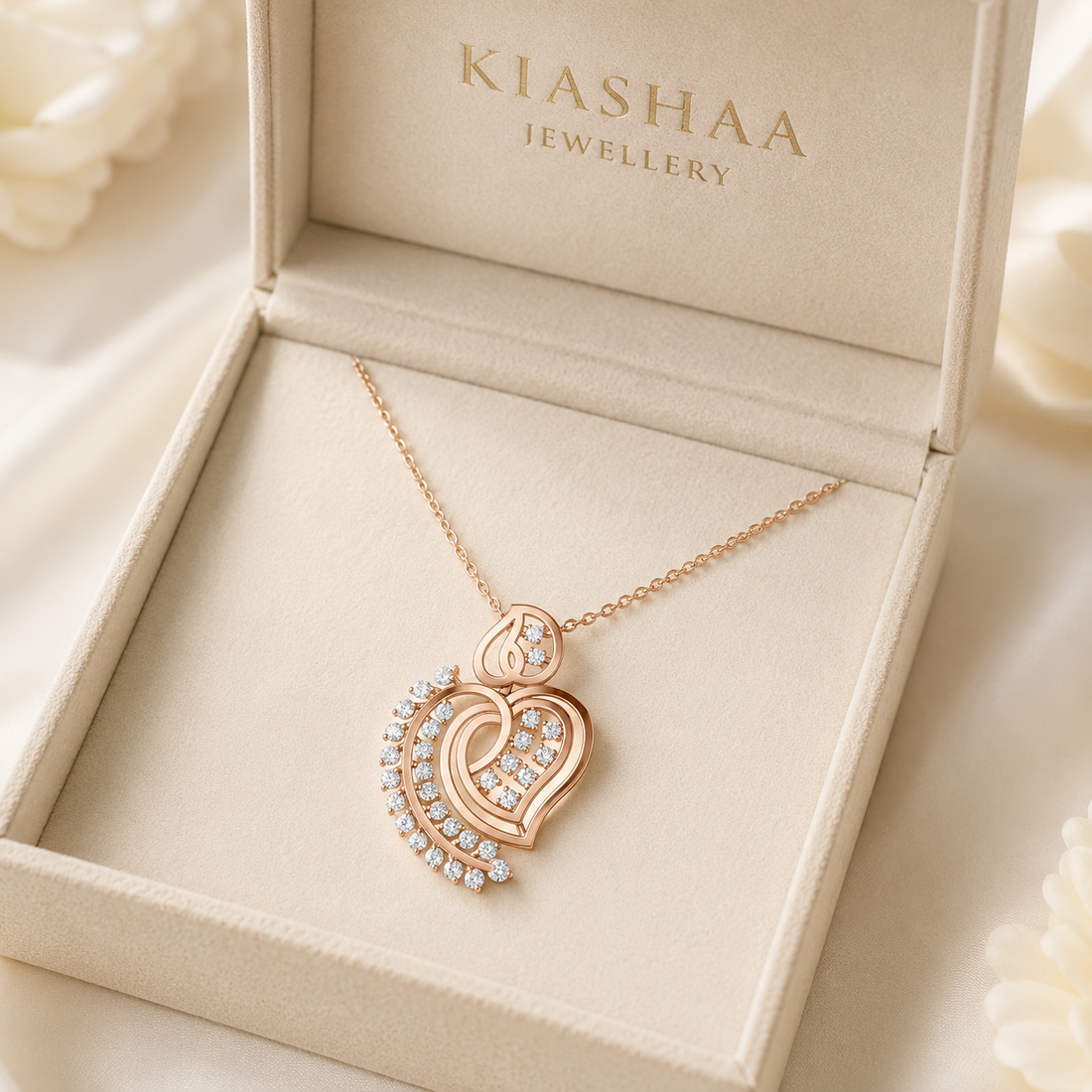 A rose gold necklace with a double-heart pendant set with small clear stones, presented in an open cream-colored Kiashaa Jewellery box.