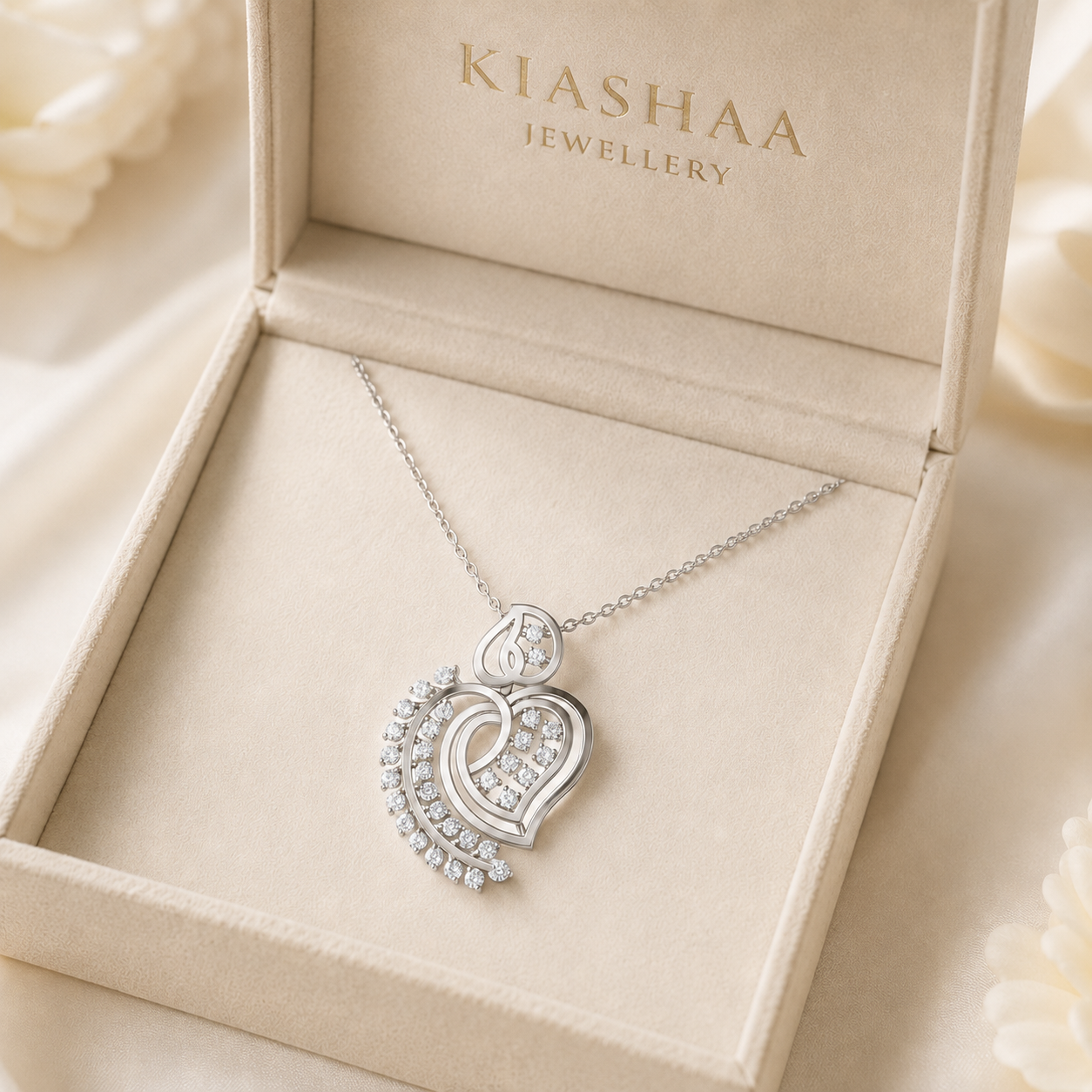 A silver heart-shaped pendant necklace with clear stones, displayed inside an open beige KIASHAA JEWELLERY box on a soft cream fabric background.