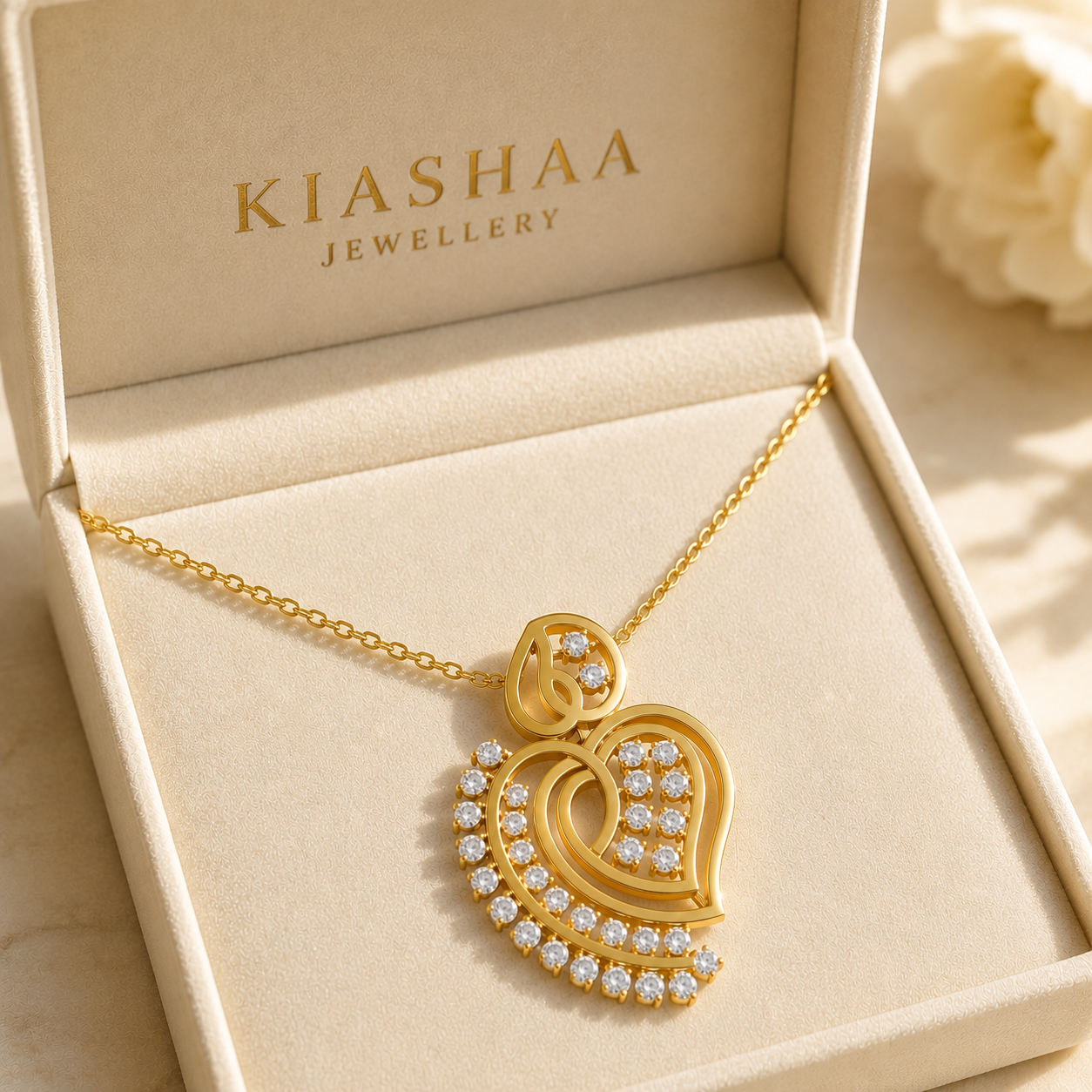 A gold heart-shaped pendant necklace with clear stones, presented in an open cream-colored jewelry box branded KIASHAA JEWELLERY.