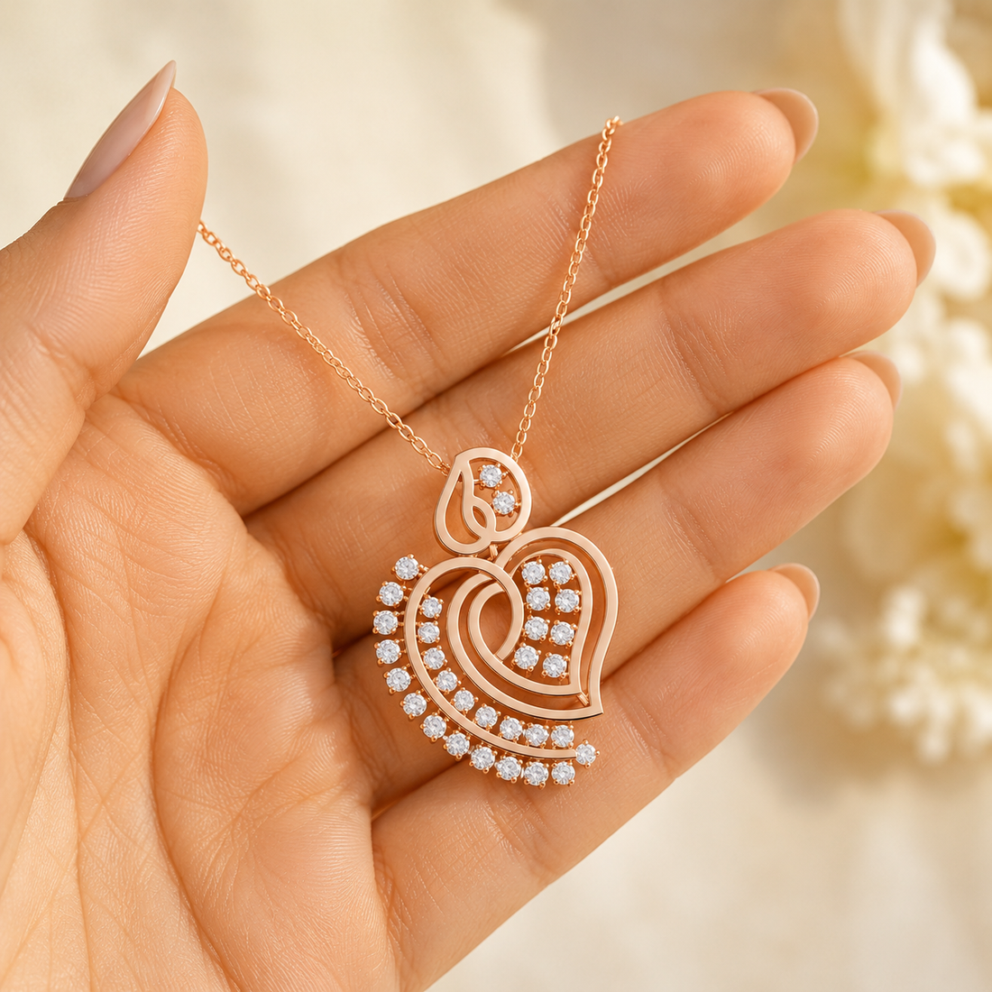 A rose gold heart-shaped pendant necklace with clear stones, held in a person's hand against a soft, warm, blurred background.
