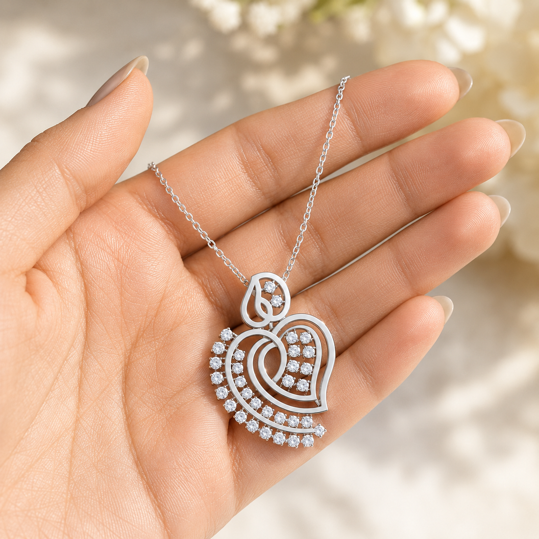 A silver heart-shaped pendant necklace with small clear stones, held in a person's hand against a soft, blurred light background.