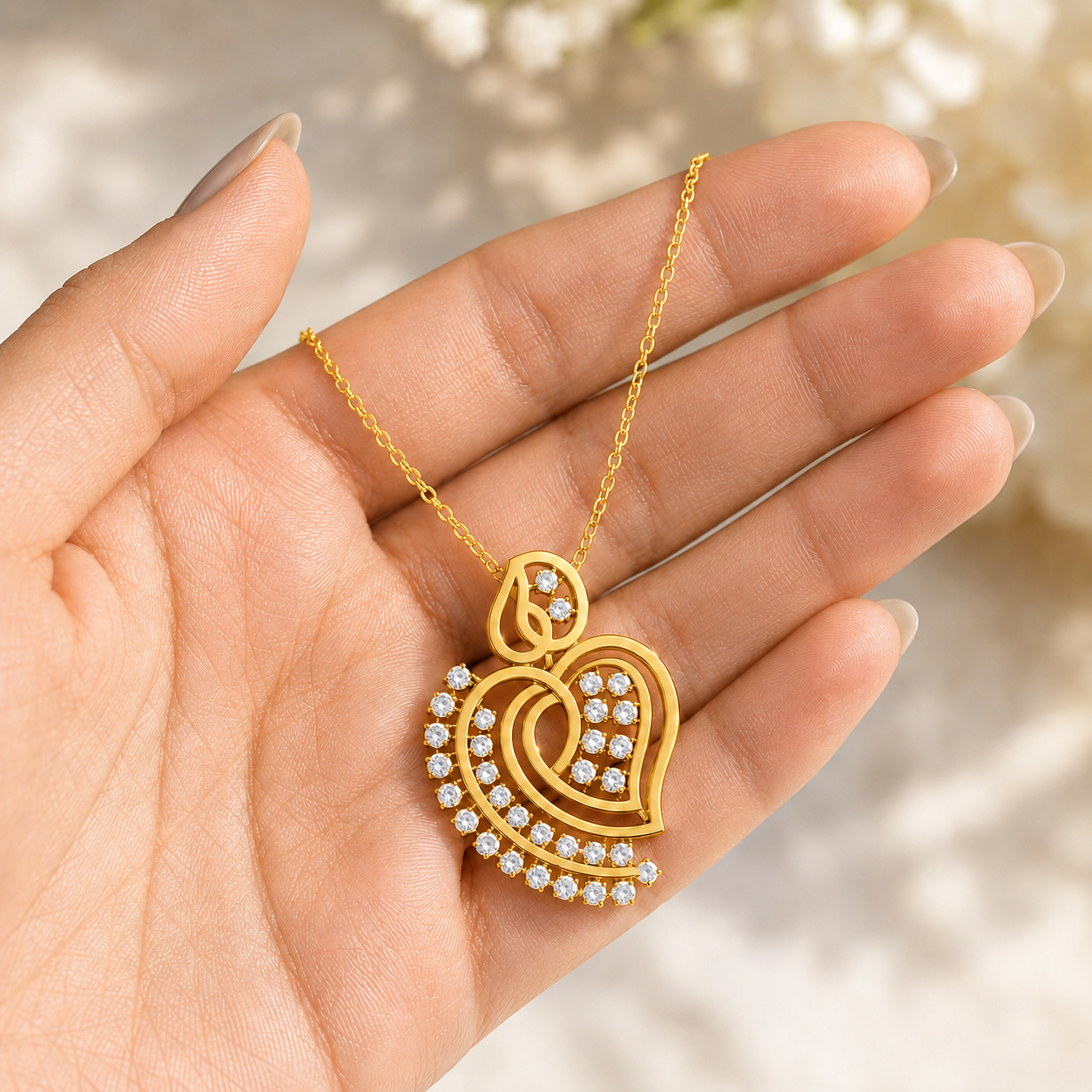 A gold heart-shaped pendant necklace with small clear stones, held in a person's hand against a softly blurred light background.
