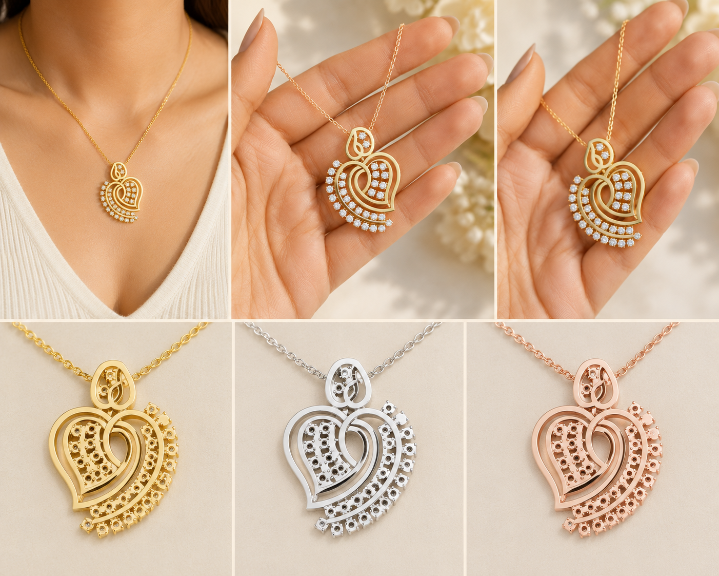A collage showing a heart-shaped layered pendant necklace in three metal finishes: yellow gold, silver, and rose gold. The top row shows the necklace worn on a model's neck and held in two hands, while the bottom row shows the pendants alone on clean beige backgrounds.