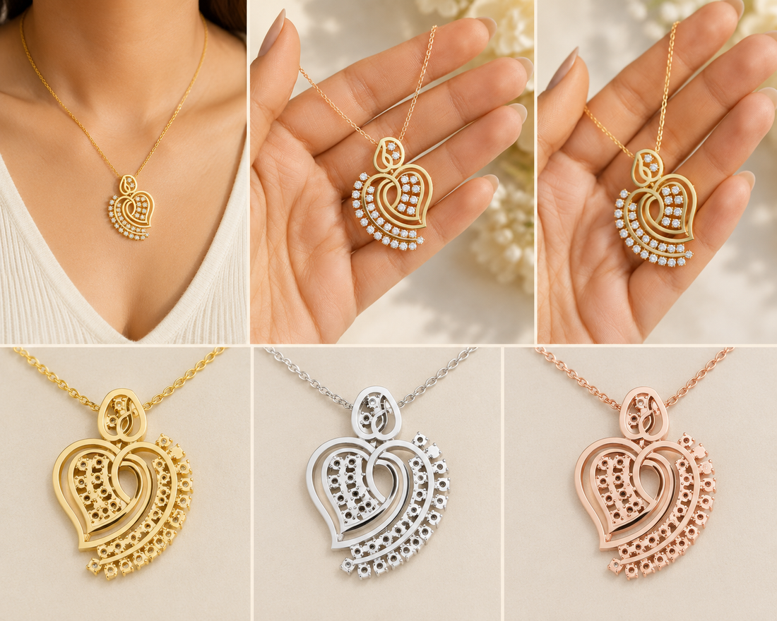 A collage showing a heart-shaped layered pendant necklace in three metal finishes: yellow gold, silver, and rose gold. The top row shows the necklace worn on a model's neck and held in two hands, while the bottom row shows the pendants alone on clean beige backgrounds.