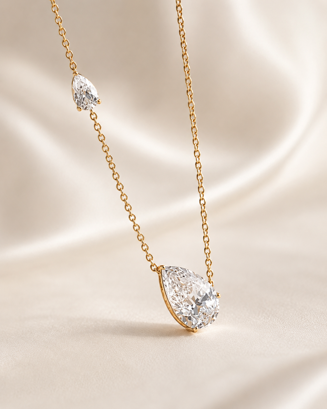 A gold chain necklace featuring a large teardrop-shaped clear gemstone pendant and a smaller matching gemstone near the top, displayed on a draped cream satin background.