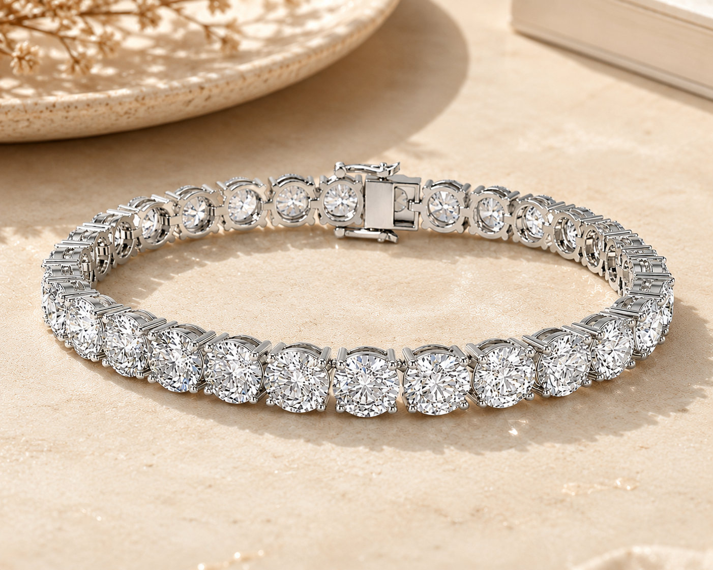 A silver tennis bracelet with round-cut clear stones, displayed on a light beige textured surface with a decorative plate in the background.