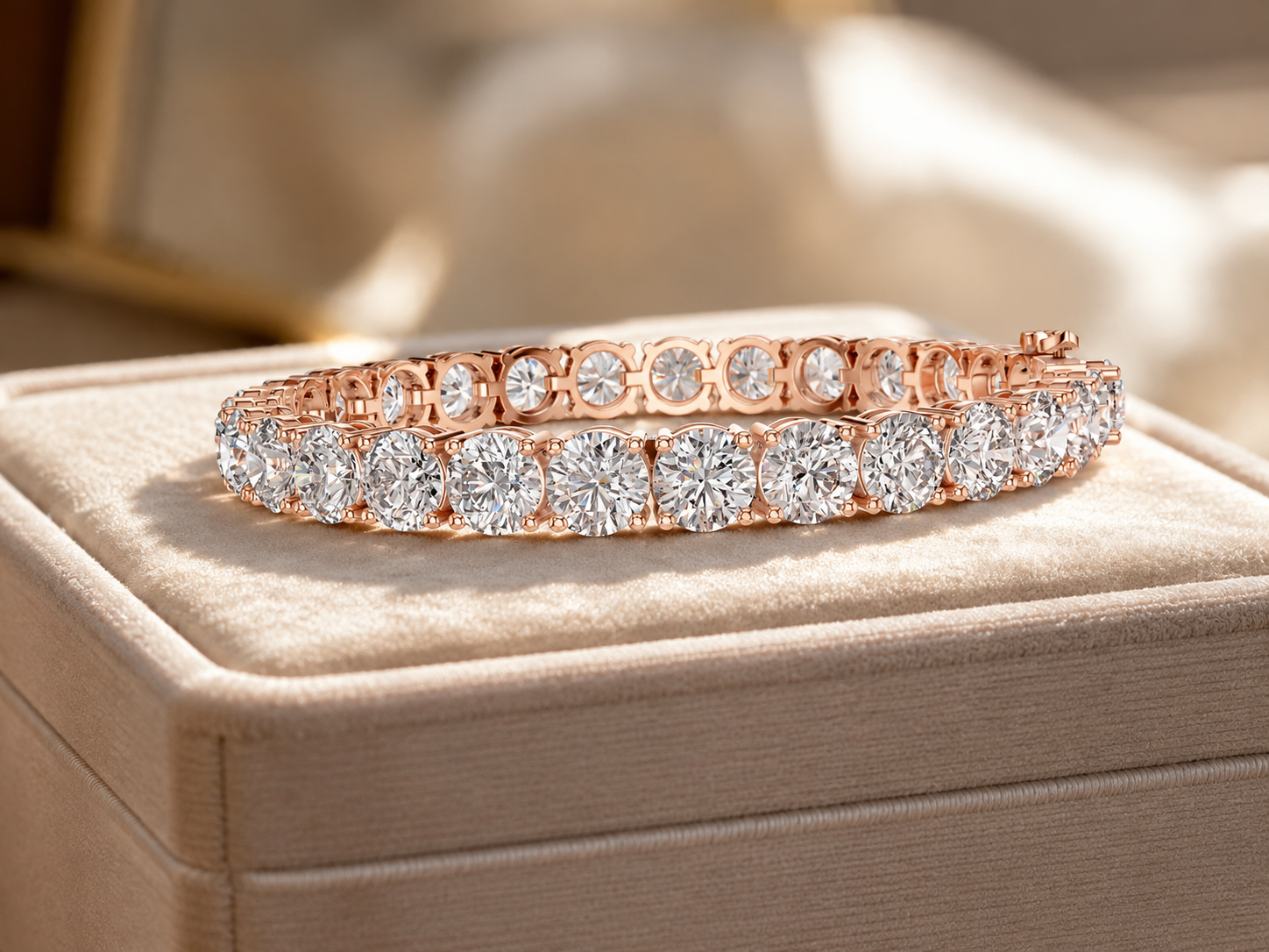 A rose gold tennis bracelet with round-cut clear stones, displayed on a beige velvet jewelry box.