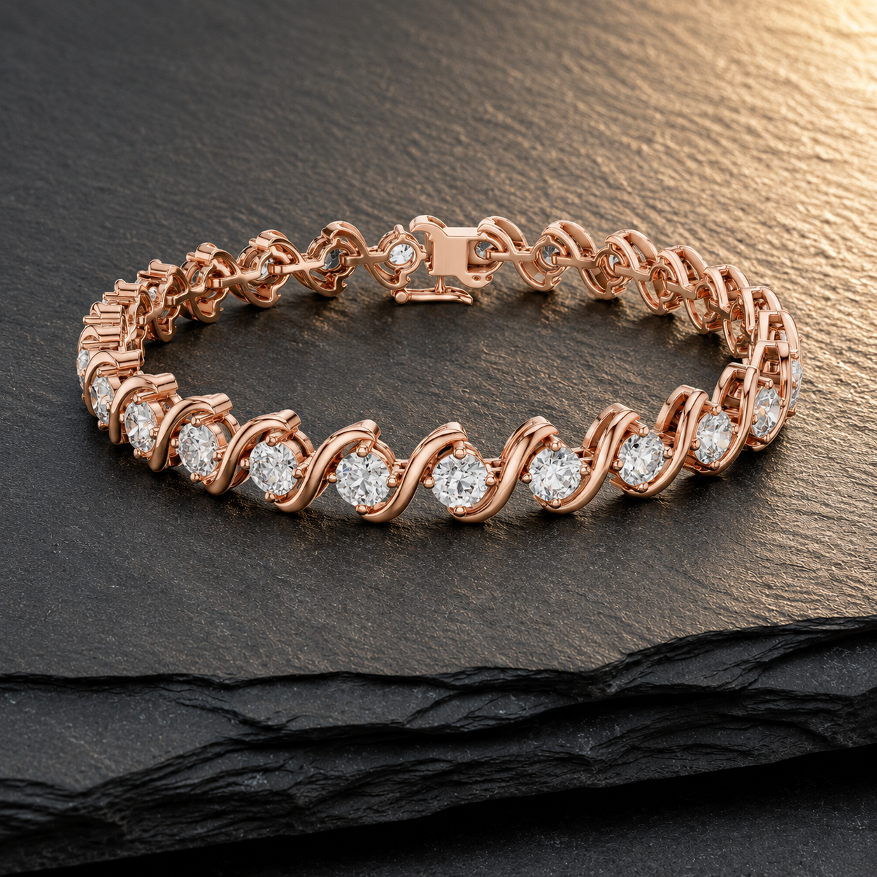 A rose gold tennis bracelet with round-cut clear stones, displayed on a dark textured slate surface.