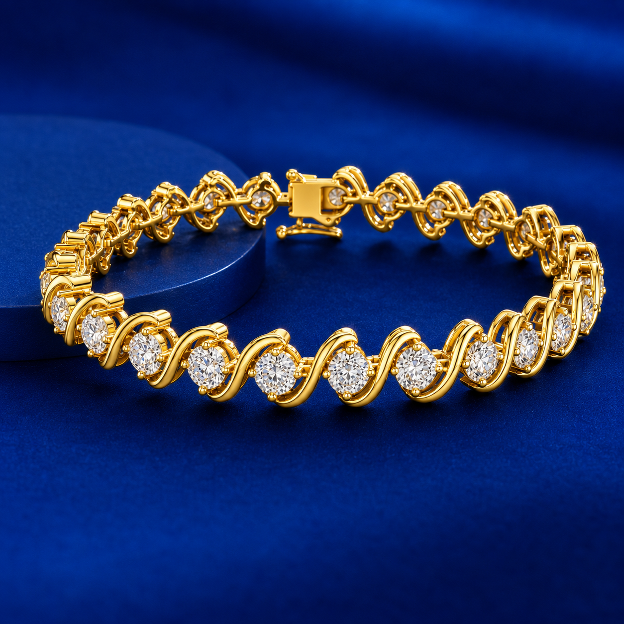 A yellow gold  tennis bracelet with round-cut clear stones, displayed on a dark blue circular pedestal against a matching blue background.
