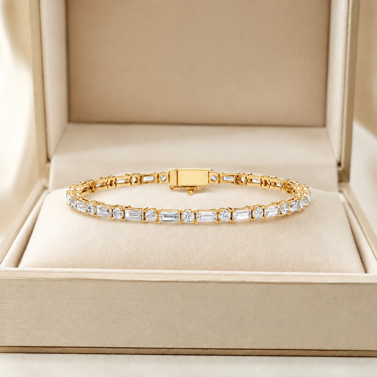 A gold tennis bracelet with baguette and round clear stones, displayed inside an open beige jewelry box.