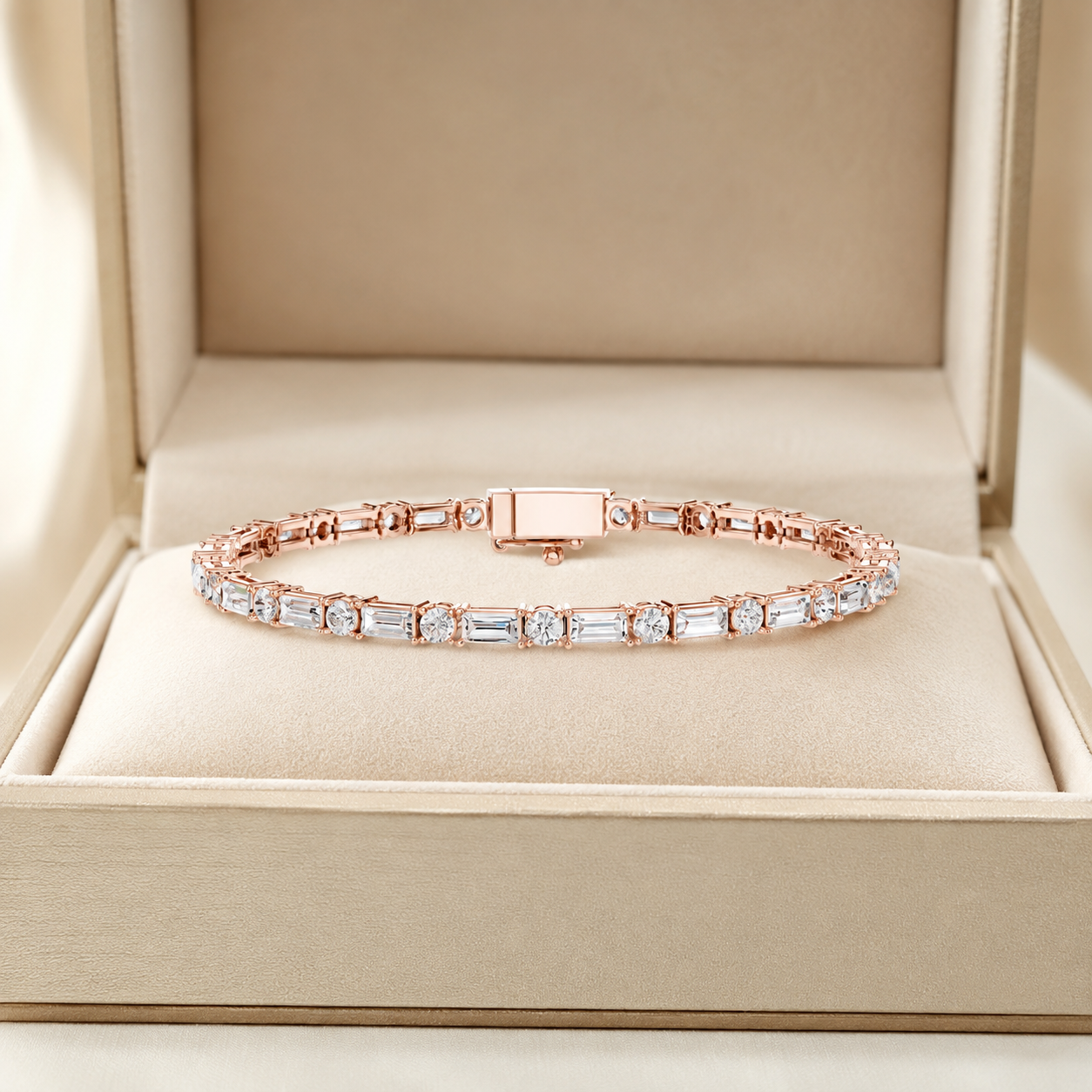 A rose gold tennis bracelet with baguette and round clear crystals, displayed inside an open beige jewelry box.