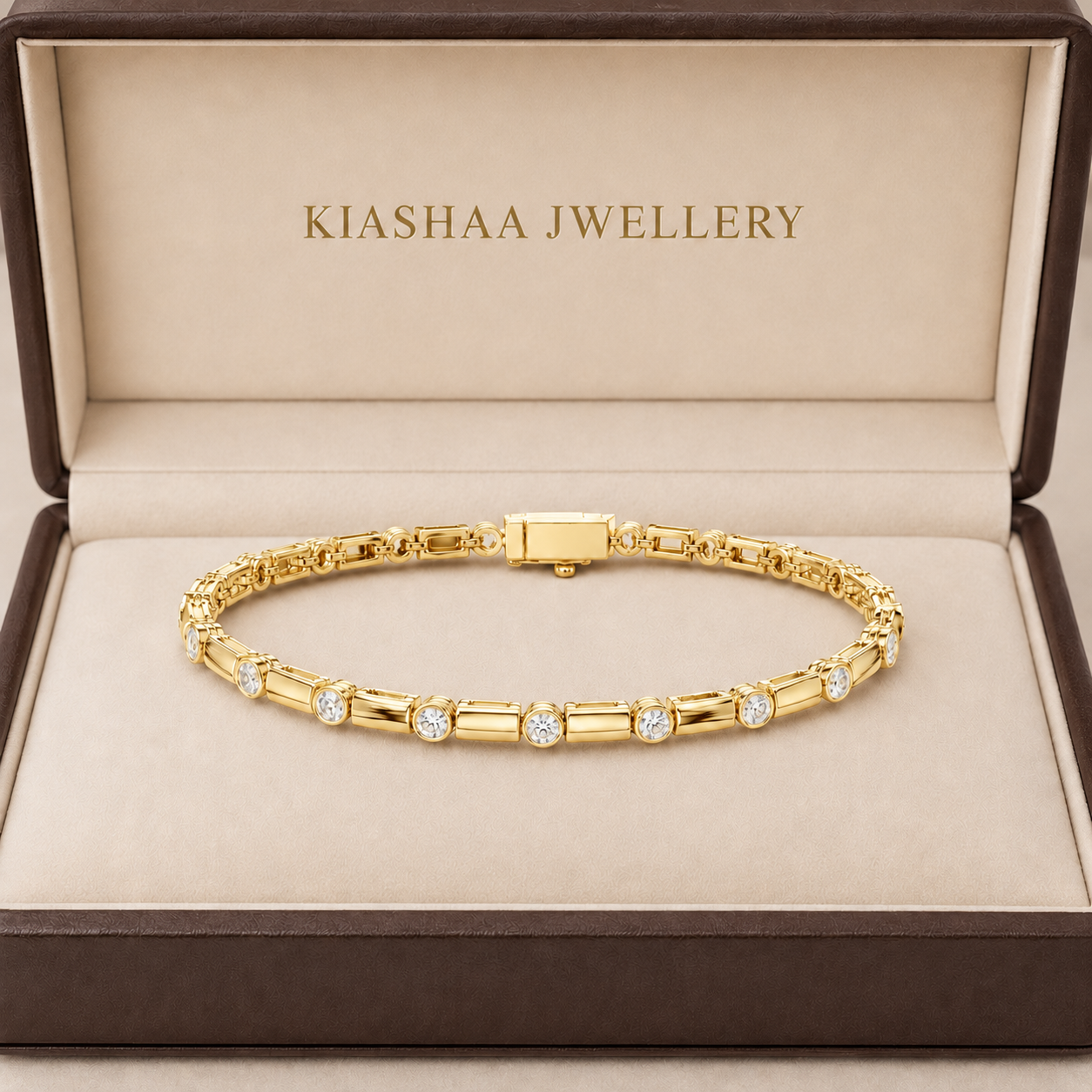 A gold tennis bracelet with round-cut clear stones, presented in an open brown jewelry box with 'KIASHAA JEWELLERY' printed inside.