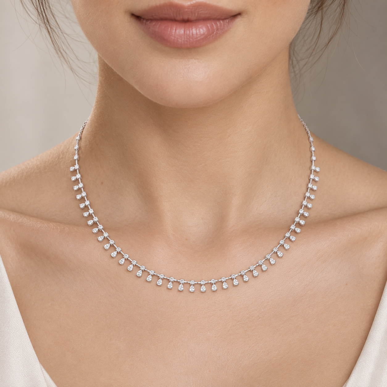 6.35 CTW Pear & Round Diamond Fringe Necklace in 14K & 18K Gold