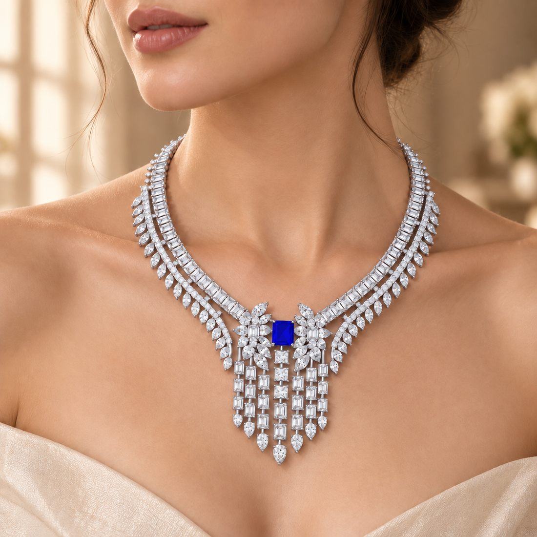 74.03 CTW Diamond & Blue Radiant Statement Necklace in 14K & 18K Gold