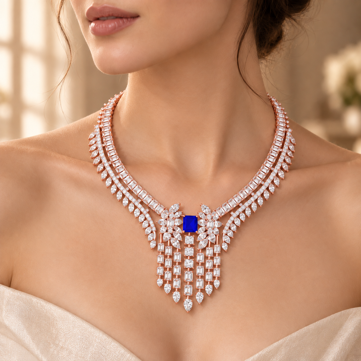 74.03 CTW Diamond & Blue Radiant Statement Necklace in 14K & 18K Gold