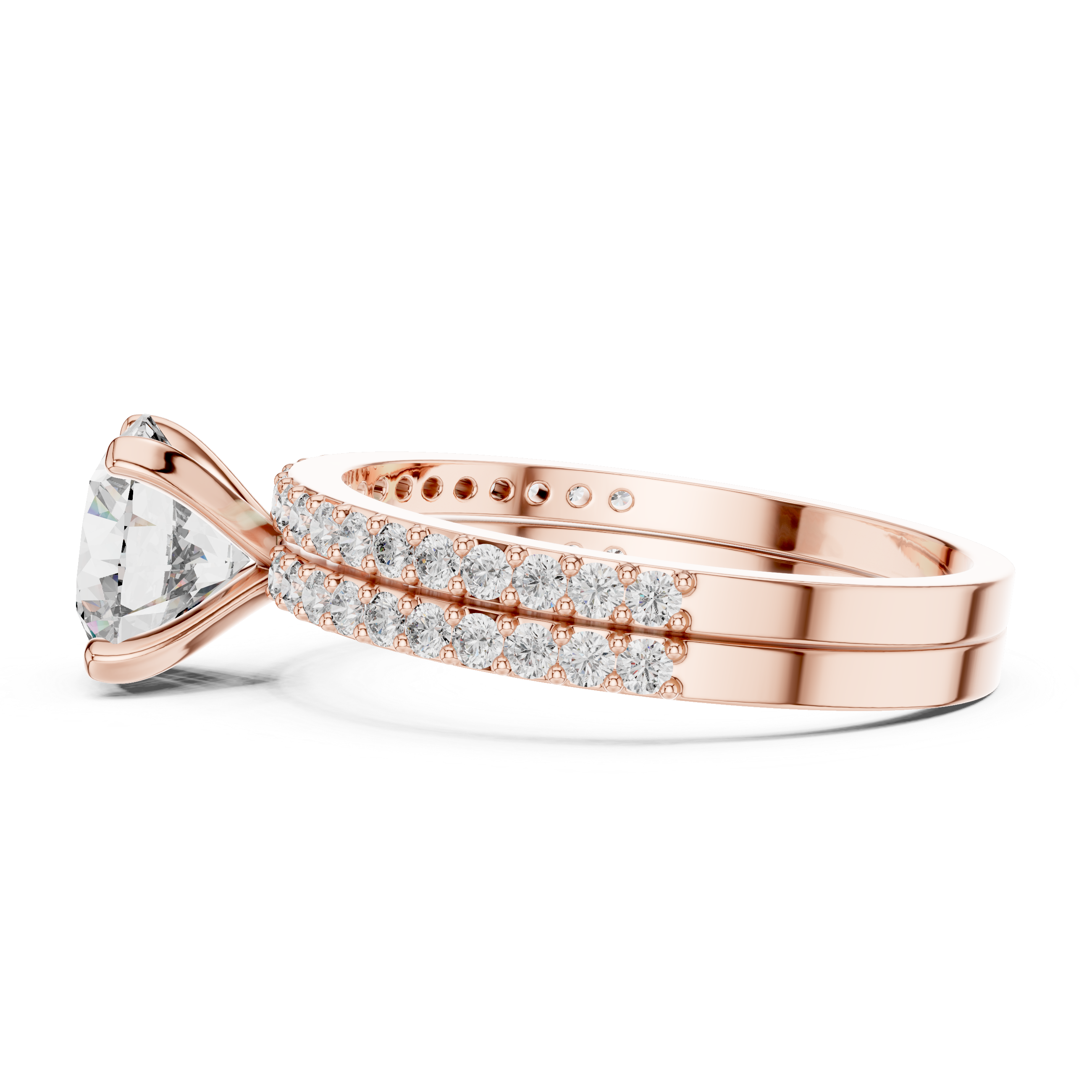 14K / 18K Rose Gold Solitaire Lab-Grown Diamond Ring with Double Diamond Band