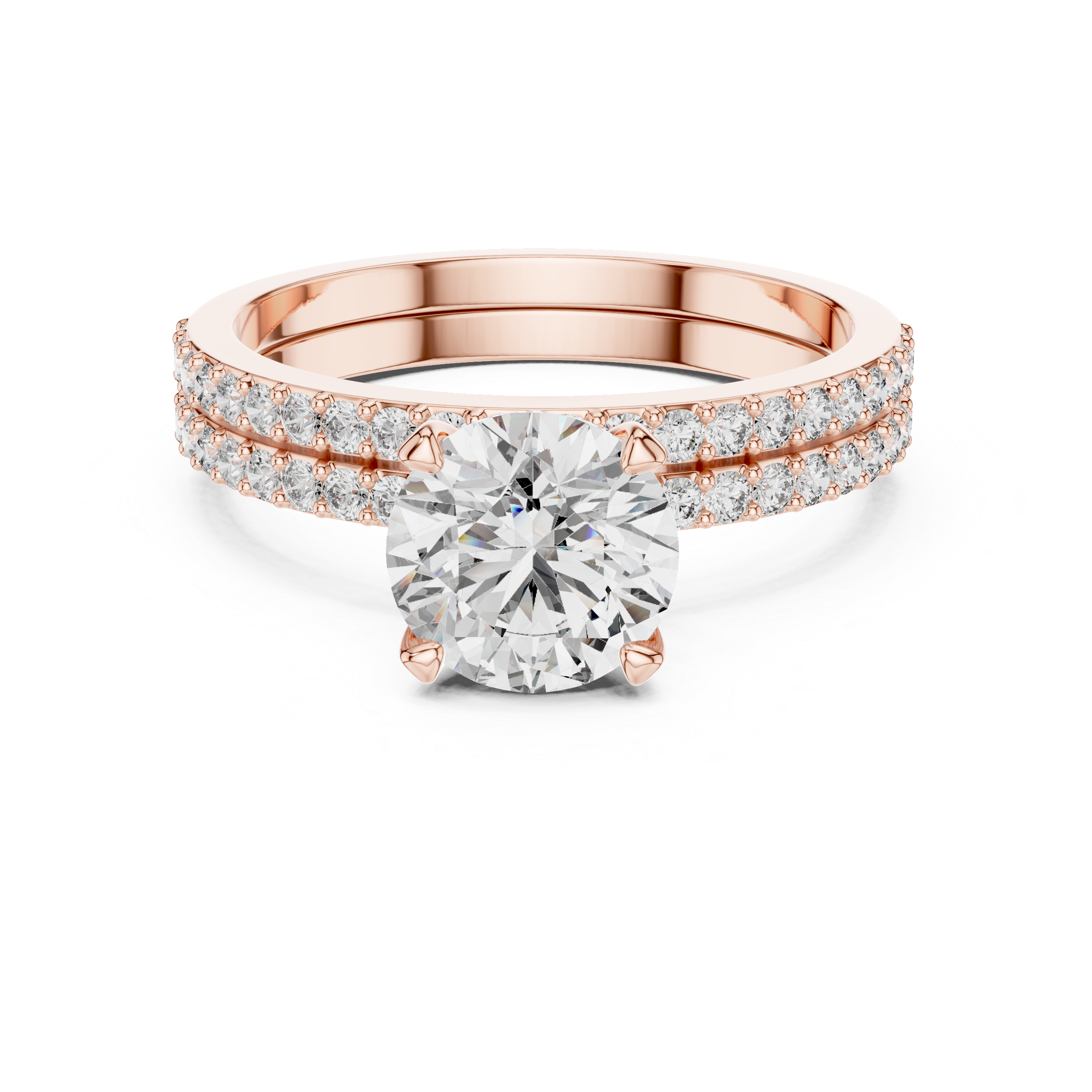 14K / 18K Rose Gold Solitaire Lab-Grown Diamond Ring with Double Diamond Band