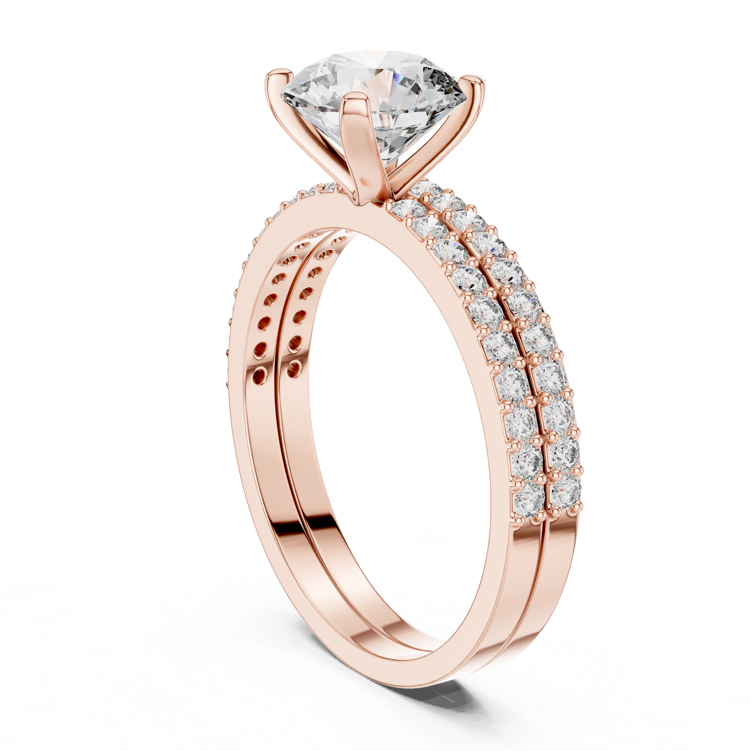 14K / 18K Rose Gold Solitaire Lab-Grown Diamond Ring with Double Diamond Band