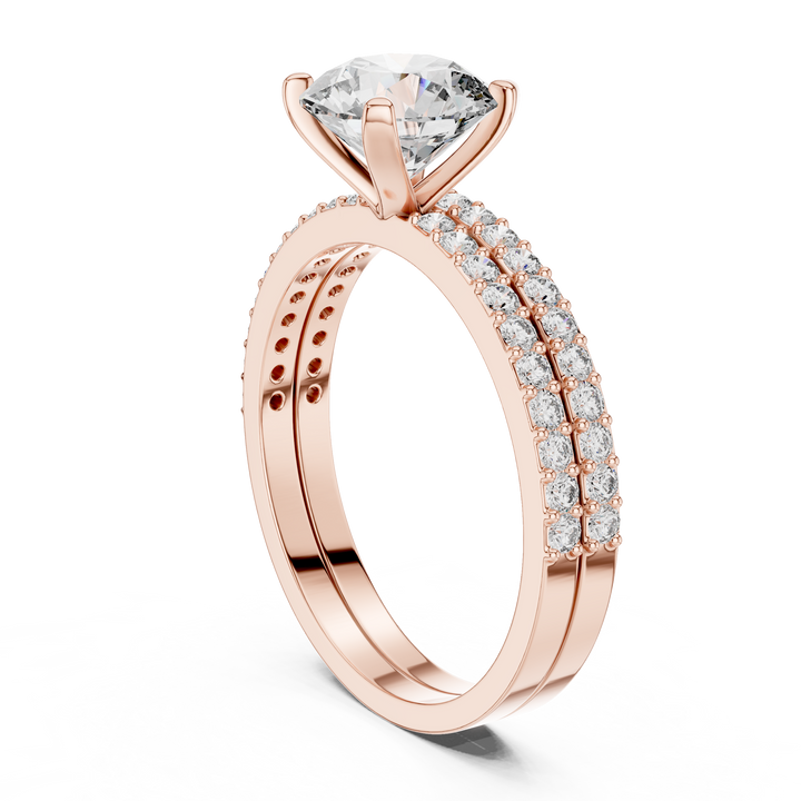 14K / 18K Rose Gold Solitaire Lab-Grown Diamond Ring with Double Diamond Band